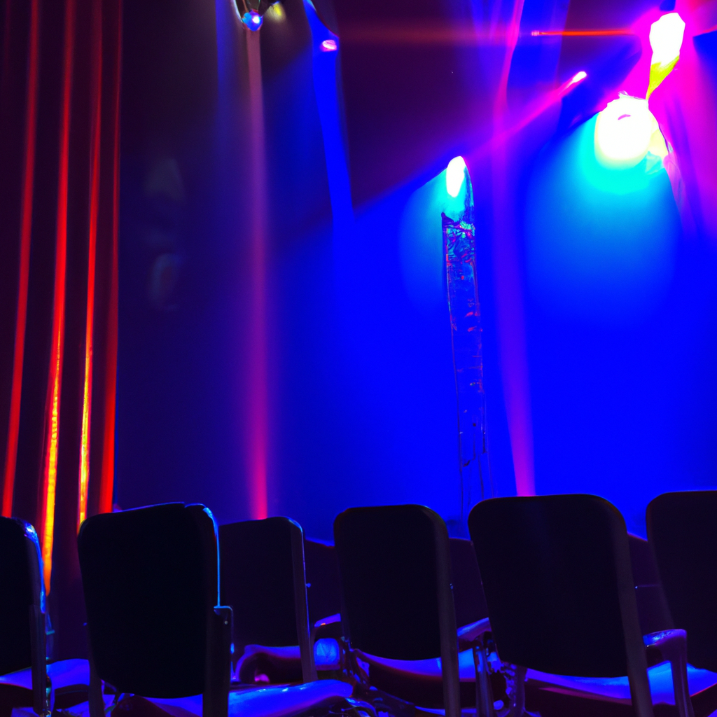 Abstract colorful stage lights with soft focus, audience chairs, wide angle; energetic and welcoming atmosphere
