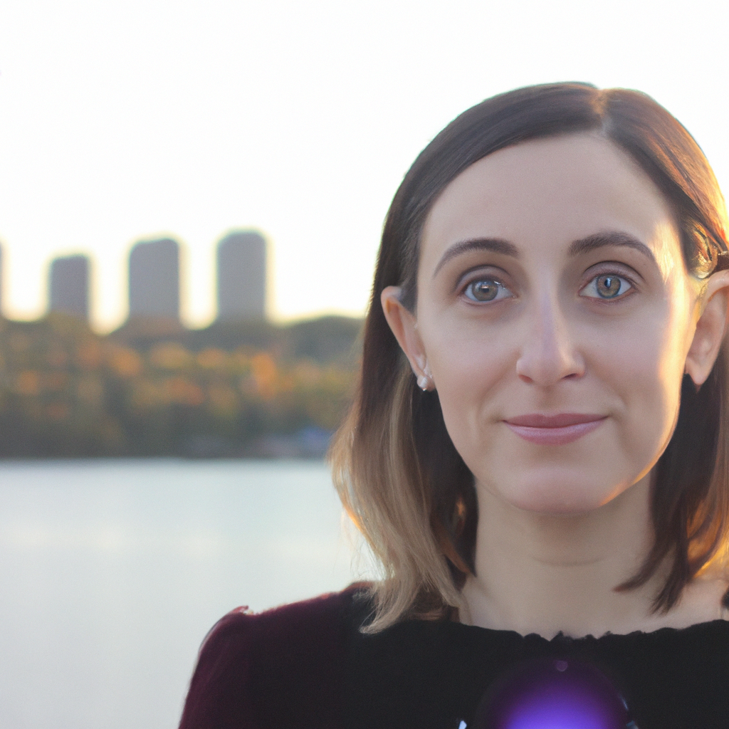 Headshot of a confident startup founder outdoors with city background