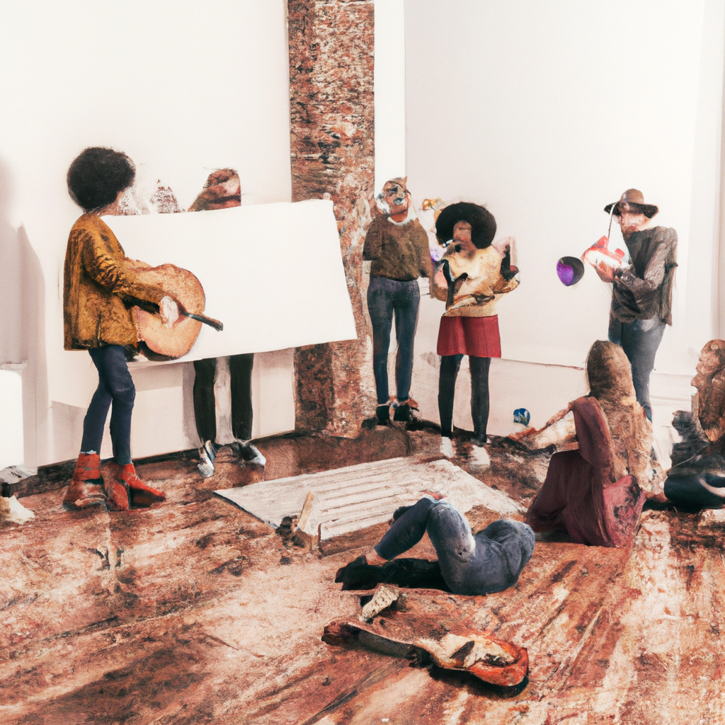 People collaborating in a studio workshop with posters and a whiteboard, warm tones