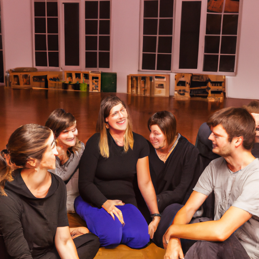 Warm-toned photo: people smiling in an improv workshop, practicing confidence-building exercises